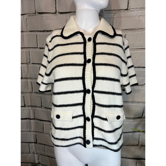 H&M Sweaters - H&M Divided Womens Medium Striped Short Sleeve Knit Cardigan Sweater Cream Black